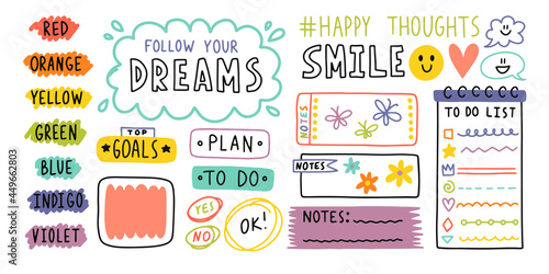 Diary bullet cute journal border elements. Note icon, sticker for school. Vector illustration