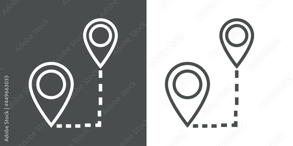 Icono plano con hoja de ruta con línea de puntos entre marcadores de posición en fondo gris y fondo blanco Icono plano con hoja de ruta con línea de puntos entre marcadores de posición en fondo gris y fondo blanco