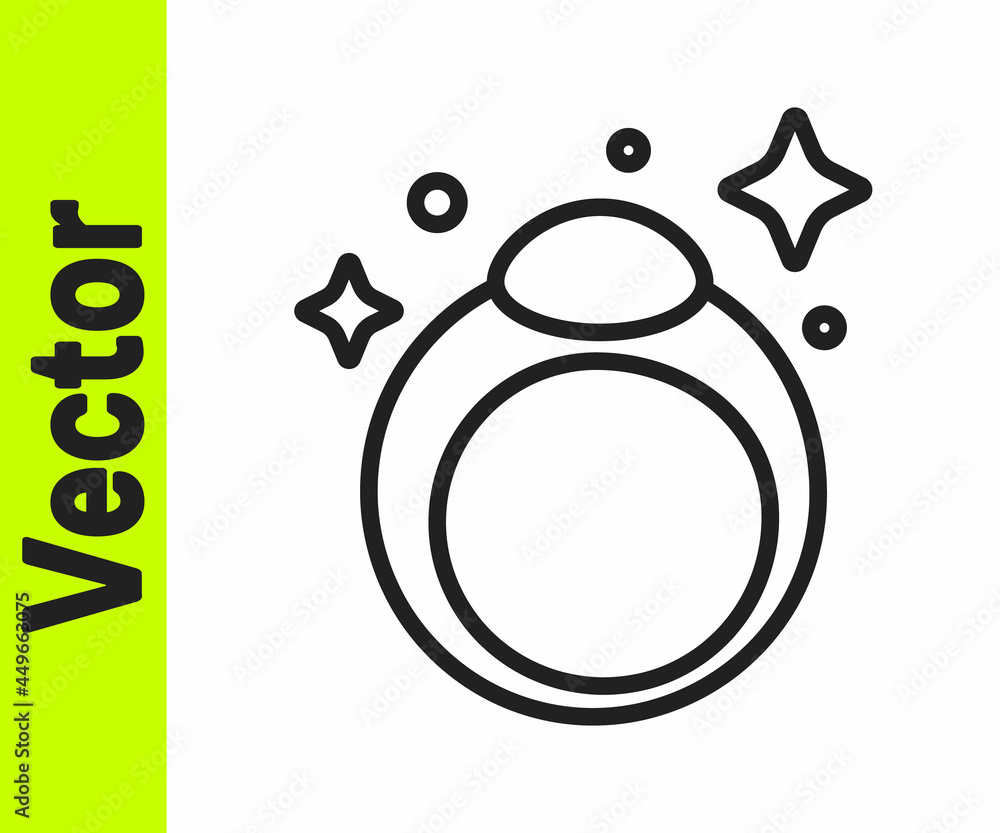 Black line Fantasy magic stone ring with gem icon isolated on white background. Vector