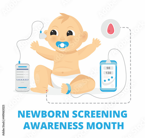 Newborn screening awareness month concept vector. Heel stick and blood drop test