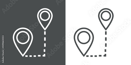 Icono plano con hoja de ruta con línea de puntos entre marcadores de posición en fondo gris y fondo blanco