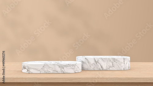 Fototapeta Naklejka Na Ścianę i Meble -  White marble podium on empty wooden table and brown background for product presentation display. 3D illustration