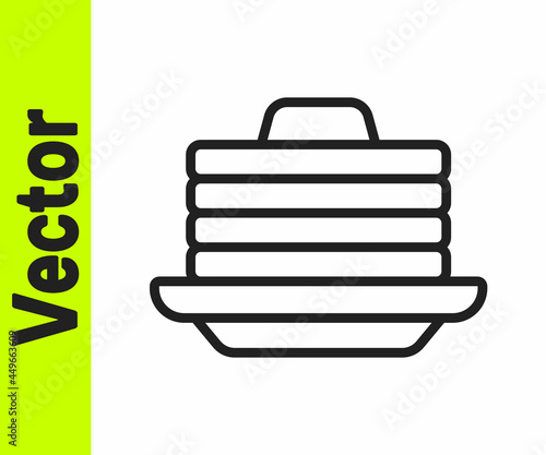Black line Stack of pancakes with honey icon isolated on white background. Breakfast concept. Vector