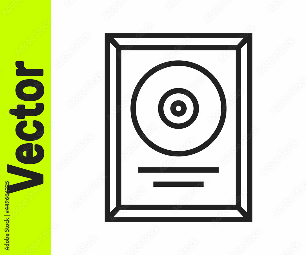 Black line CD disk award in frame icon isolated on white background. Modern ceremony. Best seller. Musical trophy. Vector Black line CD disk award in frame icon isolated on white background. Modern ceremony. Best seller. Musical trophy. Vector