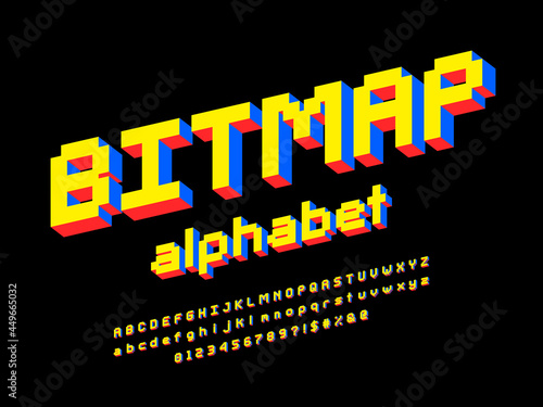 pixel style font with uppercase, lowercase, numbers and symbol