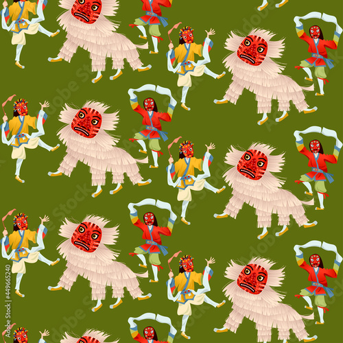 Talchum. Traditional ritual Korean mask dance. Lion dance. Seamless background pattern. photo