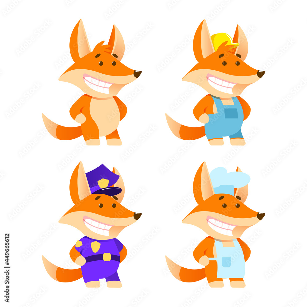 Obraz premium Chanterelles in costumes of different professions. Set of cartoon characters for print and website. Vector illustration