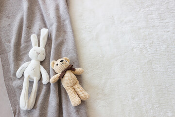 flat lay photo of cute newborn baby accessories and toys	
