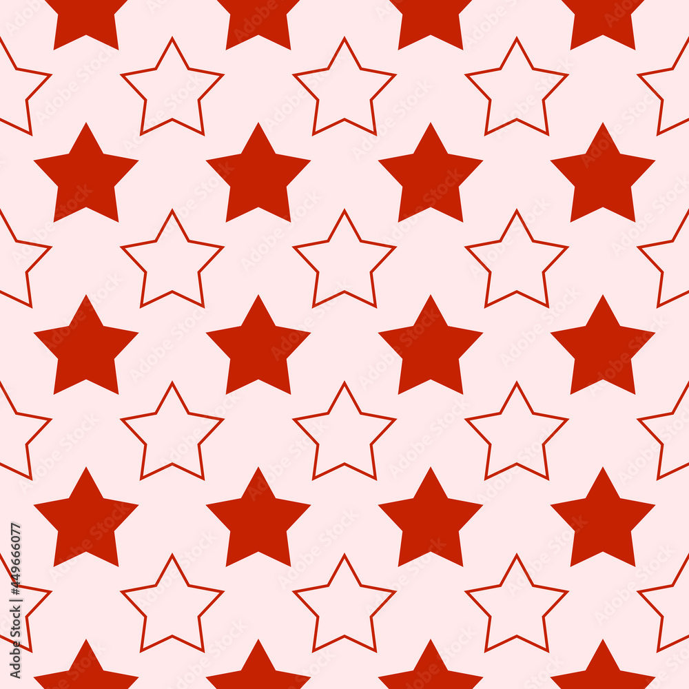 Red and empty white stars pattern. Repeated lines with red and white star in one. Vector, seamless and minimal decor icon star wallpaper. Red and empty white stars pattern. Repeated lines with red and white star in one. Vector, seamless and minimal decor icon star wallpaper.