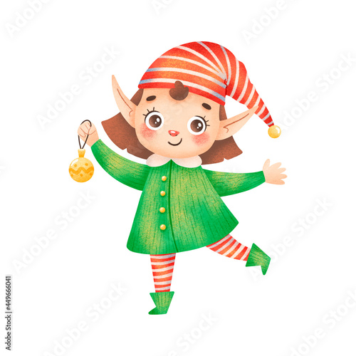 Illustration of a cute cartoon Christmas elf girl isolated on white background. Santa Claus helper