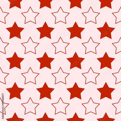 Red and empty white stars pattern. Repeated lines with red and white star in one. Vector  seamless and minimal decor icon star wallpaper.