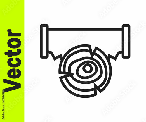 Black line Two-handed saw and log icon isolated on white background. Vector