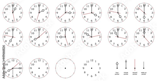 Uhr mit allen vollen Stunden von eins bis zwölf. Weißer isolierter Hintergrund.
Zeiger, Zahlen und Zifferblatt einzel für eigene Positionierung.