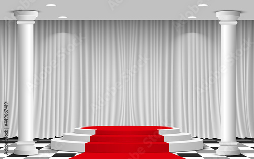 white cylinder podium with white curtain background in the gallery room