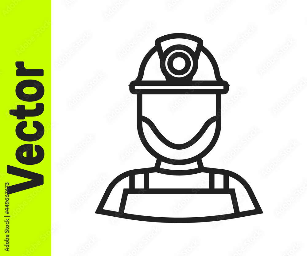 Black line Miner in a helmet icon isolated on white background. Vector Black line Miner in a helmet icon isolated on white background. Vector