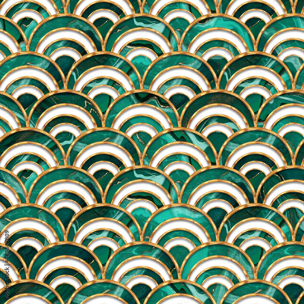 Malachite stone seamless pattern. Decorative marble effect and gold waves Malachite stone seamless pattern. Decorative marble effect and gold waves