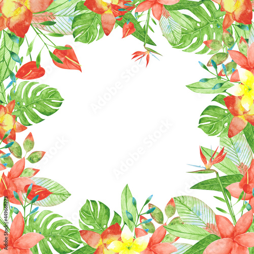 Exotic flowers isolated frame on a white background. Tropical romantic template. Bird of paradise, mallow, orchid, monstera frame. Watercolor exotic wreath illustration. Paradise flowers frame.