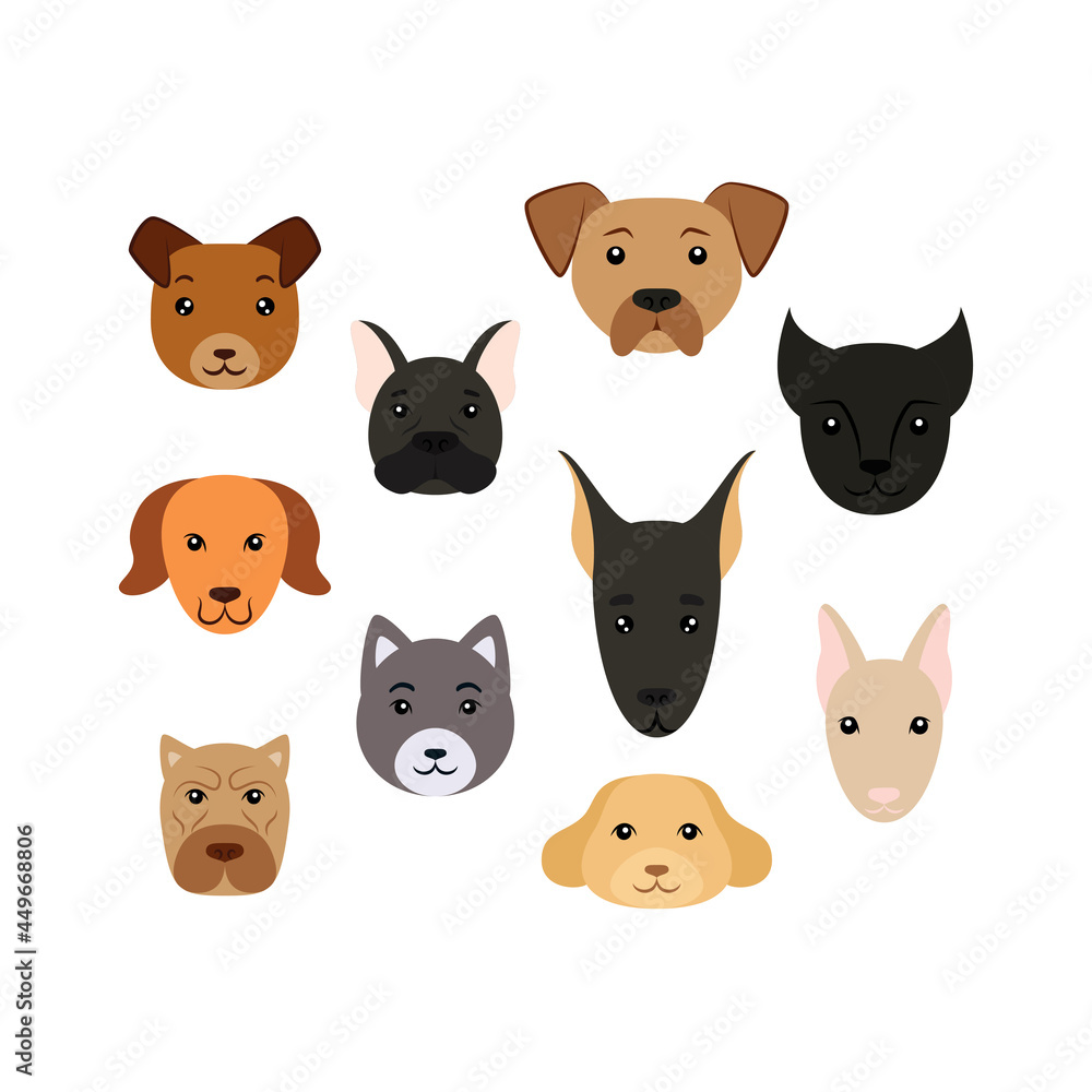 Hand-drawn set of dog face. Dogs doodle style. Vector colorfull illustration isolated on white background. Decoration for greeting cards, posters, flyers, prints for clothes. Hand-drawn set of dog face. Dogs doodle style. Vector colorfull illustration isolated on white background. Decoration for greeting cards, posters, flyers, prints for clothes.