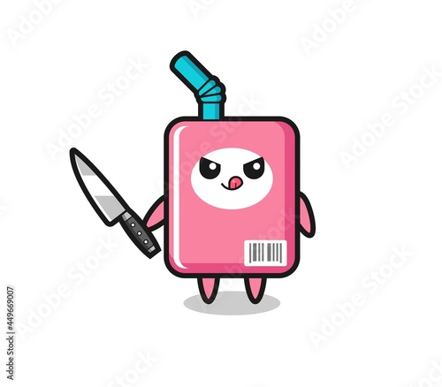 cute milk box mascot as a psychopath holding a knife