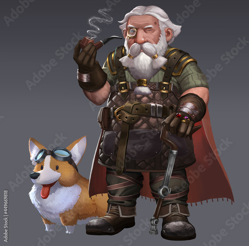 A fantasy painting illustration of the old man blacksmith dwarf and his corgi dog.