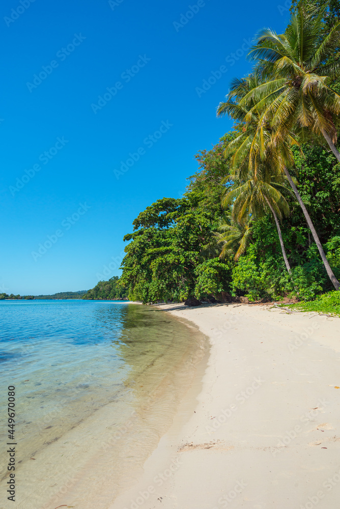 The white sandy beach of the Togian Island Batudaka in the Gulf of Tomini in Sulawesi. The Islands are a paradise for divers and snorkelers and offers an incredible diversity of species