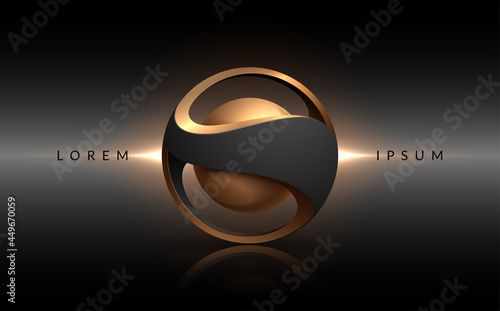 Abstract black and gold sphere with light effect