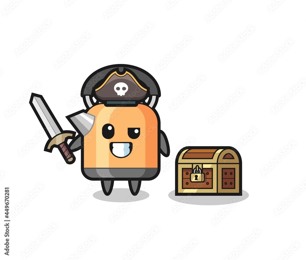 the kettle pirate character holding sword beside a treasure box