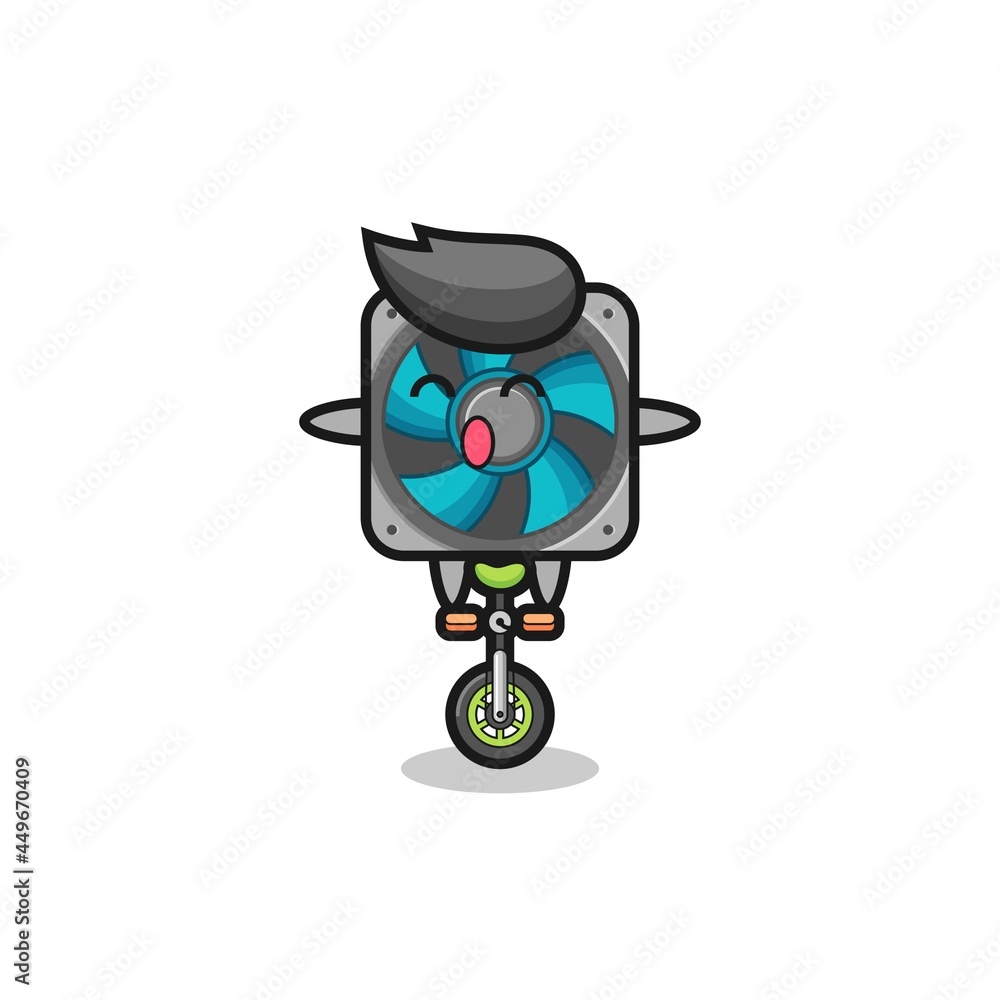 The cute computer fan character is riding a circus bike The cute computer fan character is riding a circus bike