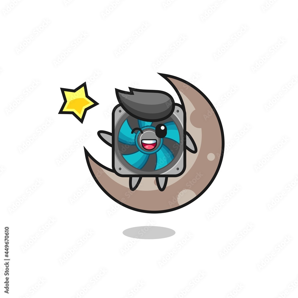 illustration of computer fan cartoon sitting on the half moon