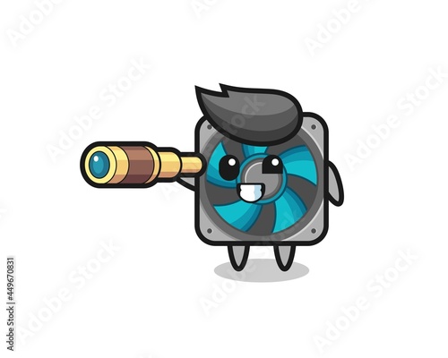 cute computer fan character is holding an old telescope