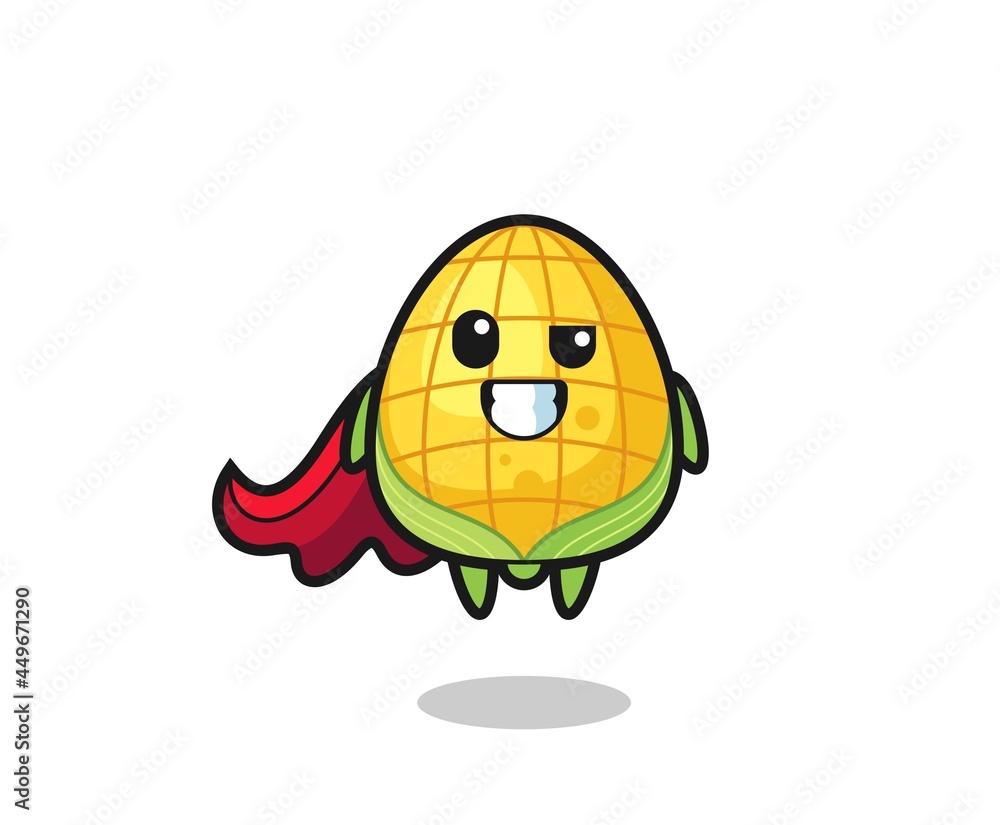 the cute corn character as a flying superhero