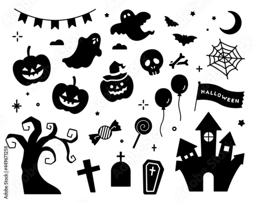 ハロウィンのイラストのセット　ハロウィーン　アイコン　カボチャ　お化け　コウモリ　かわいい　飾り