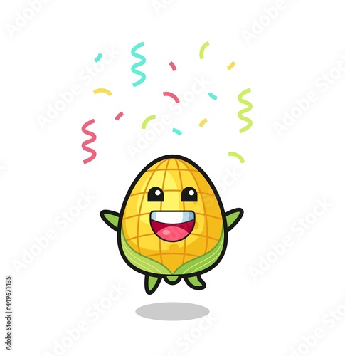 happy corn mascot jumping for congratulation with colour confetti