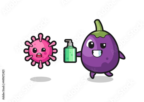 illustration of eggplant character chasing evil virus with hand sanitizer