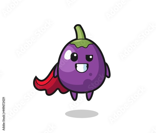 the cute eggplant character as a flying superhero