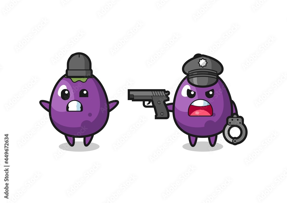 illustration of eggplant robber with hands up pose caught by police illustration of eggplant robber with hands up pose caught by police