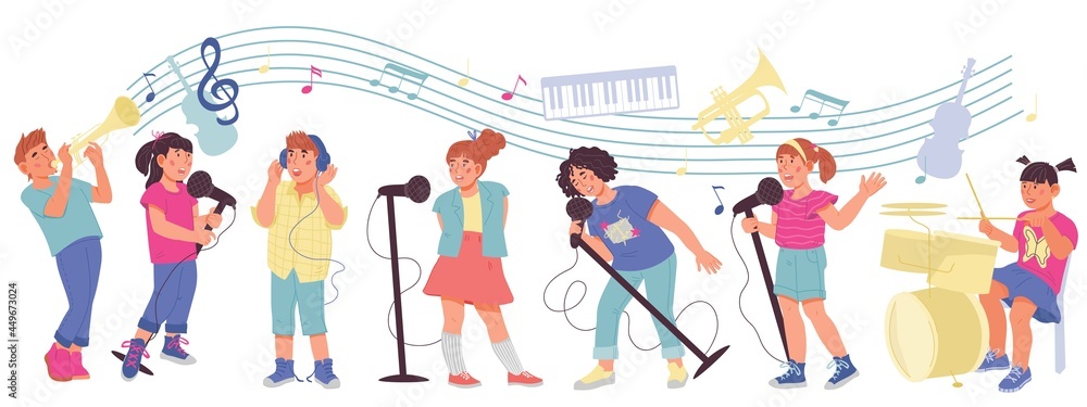 Fototapeta premium Children with musical Instruments - playing music and singing songs. Kids orchestra or band, music education for children banner background, flat vector illustration isolated on white background.