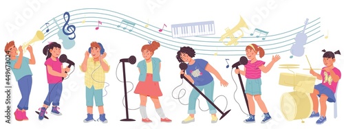 Children with musical Instruments - playing music and singing songs. Kids orchestra or band, music education for children banner background, flat vector illustration isolated on white background.