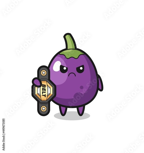 eggplant mascot character as a MMA fighter with the champion belt