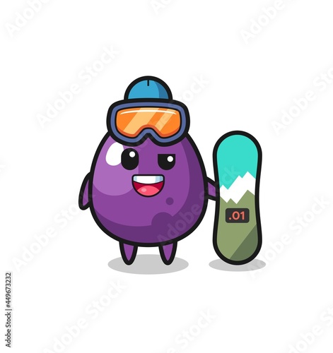 Illustration of eggplant character with snowboarding style