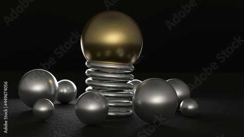 Large gold-plated ball, mounted on a spring, rises above the shiny steel balls set on a rough, dark surface. Abstract geometry. 3D rendering. Blank for design. Not like everyone else