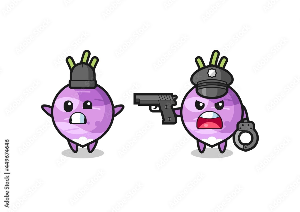 Fototapeta premium illustration of turnip robber with hands up pose caught by police