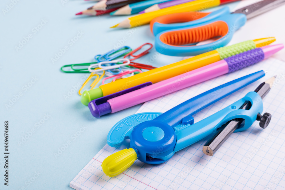 School supplies on a color background, table to view. School supplies on a color background, table to view.