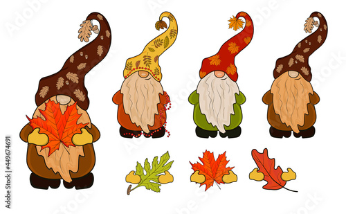 Autumn Gnomes with autumn leaves. Illustration constructor. A set of gnomes and additional items.