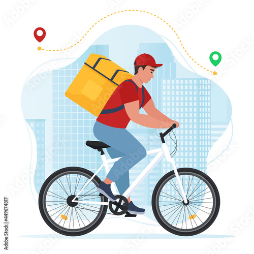 Bicycle courier, Express delivery service. Courier on bicycle with parcel box. Vector illustration in flat style