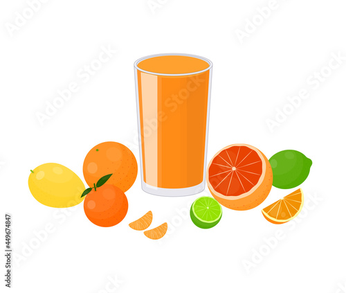 Cartoon citrus juice with fruits.