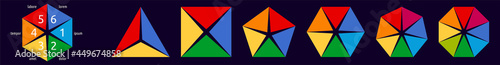 Polygons divided into triangles with some space left, three to eight parts version, simple infographics element