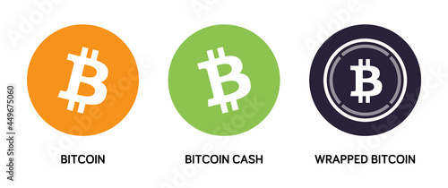 Bitcoin symbol set. Set of vector icons for bitcoin, bitcoin cash and wrapped bitcoin cryptocurrency tokens.