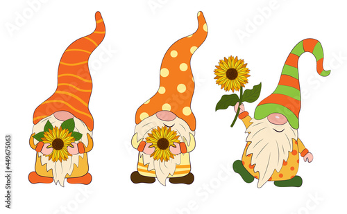 Cheerful Gnomes with sunflower flowers in their hands. Vector illustration
