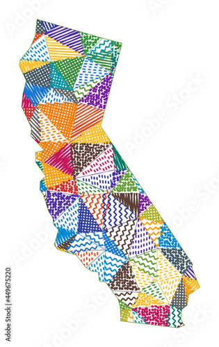 Kid-style map of California. Hand-drawn polygons in the shape of California. Vector illustration.